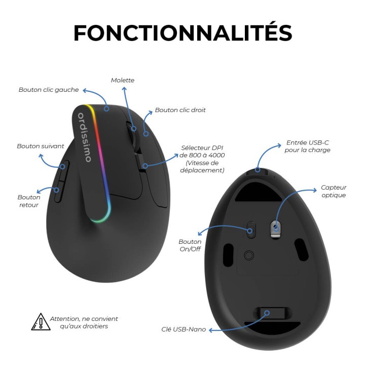 Souris Ergonomique RGB sans fil Ordissimo